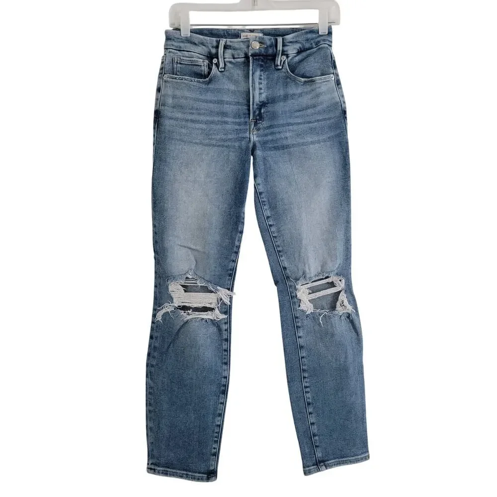 Good American High Rise Distressed Straight Leg Jean Medium Wash Size 6/28 - Picture 1 of 5